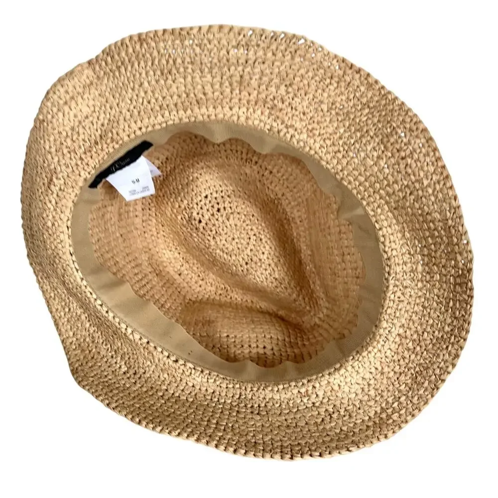 J Crew Womens Packable Straw Fedora Natural Raffia Black Band Hat S/M